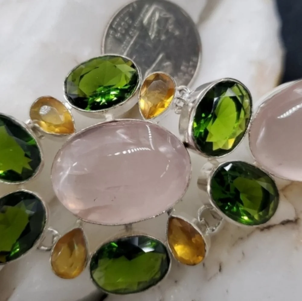 Genuine Rose Quartz Peridot Lemon Quartz Rhodium/925 Silver Bracelet